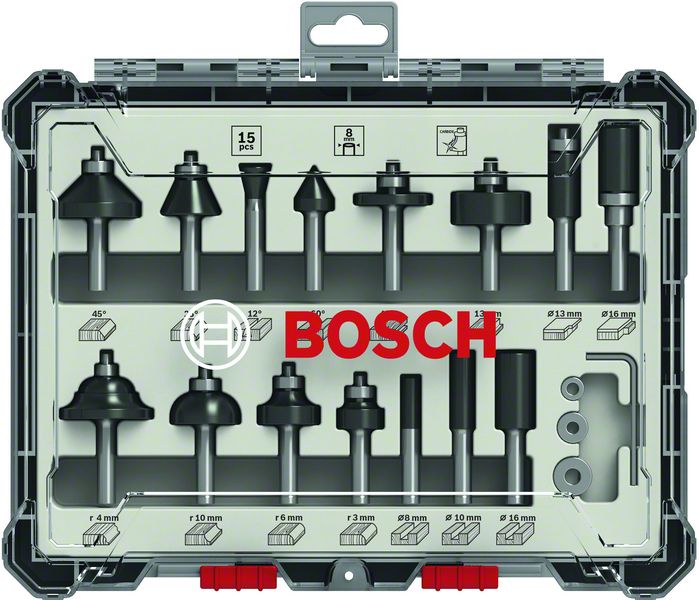 Bosch PRO Router Bit Mixed Set, Shank 1/4″, 15 pcs