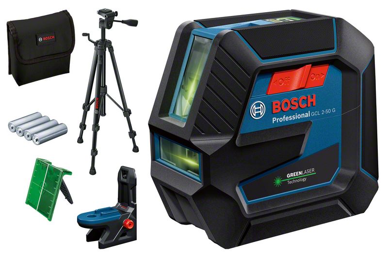 Punkti- ja joonlaser Bosch GCL 2-50 G + RM10 + 4x patarei (AA) + statiiv BT150