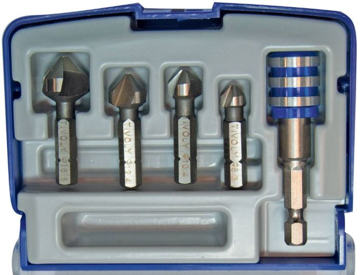 Tivoli drill bit (countersink) for metal 4 parts + bit holder with magnet. 900, ØD=8.3-16.5mm, HSS. 1/4" hex tail, "Half-box"