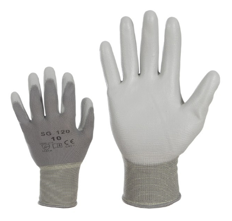 Thin polyester gloves with PU coating in the palm, gray