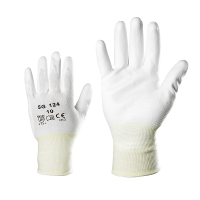 Thin polyester gloves with PU coating in the palm, white